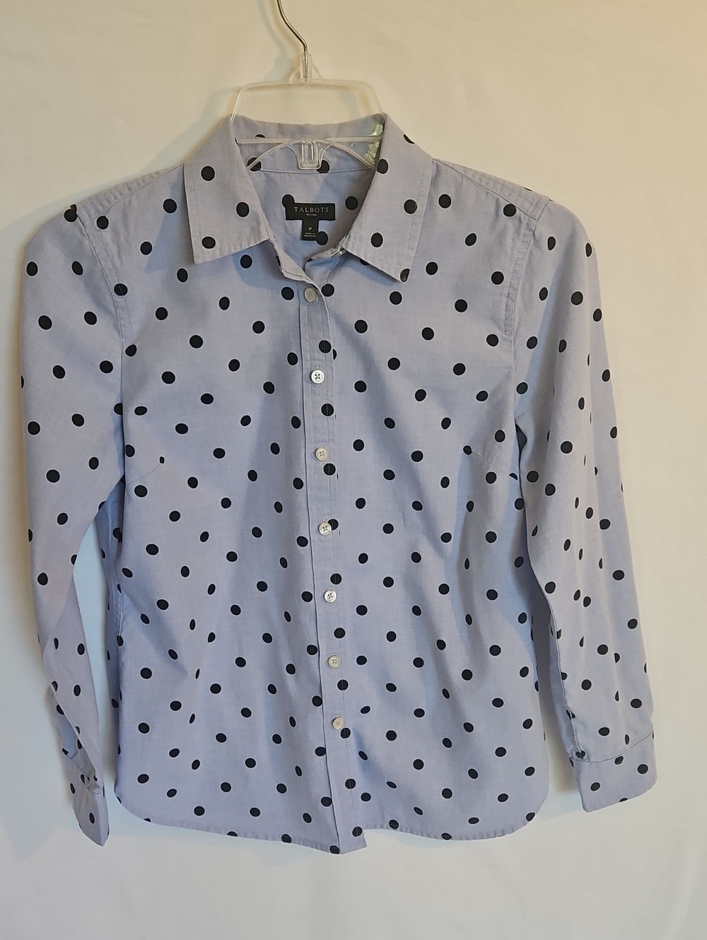 Talbots Light Blue Button-Up Shirt with Black Polka Dots